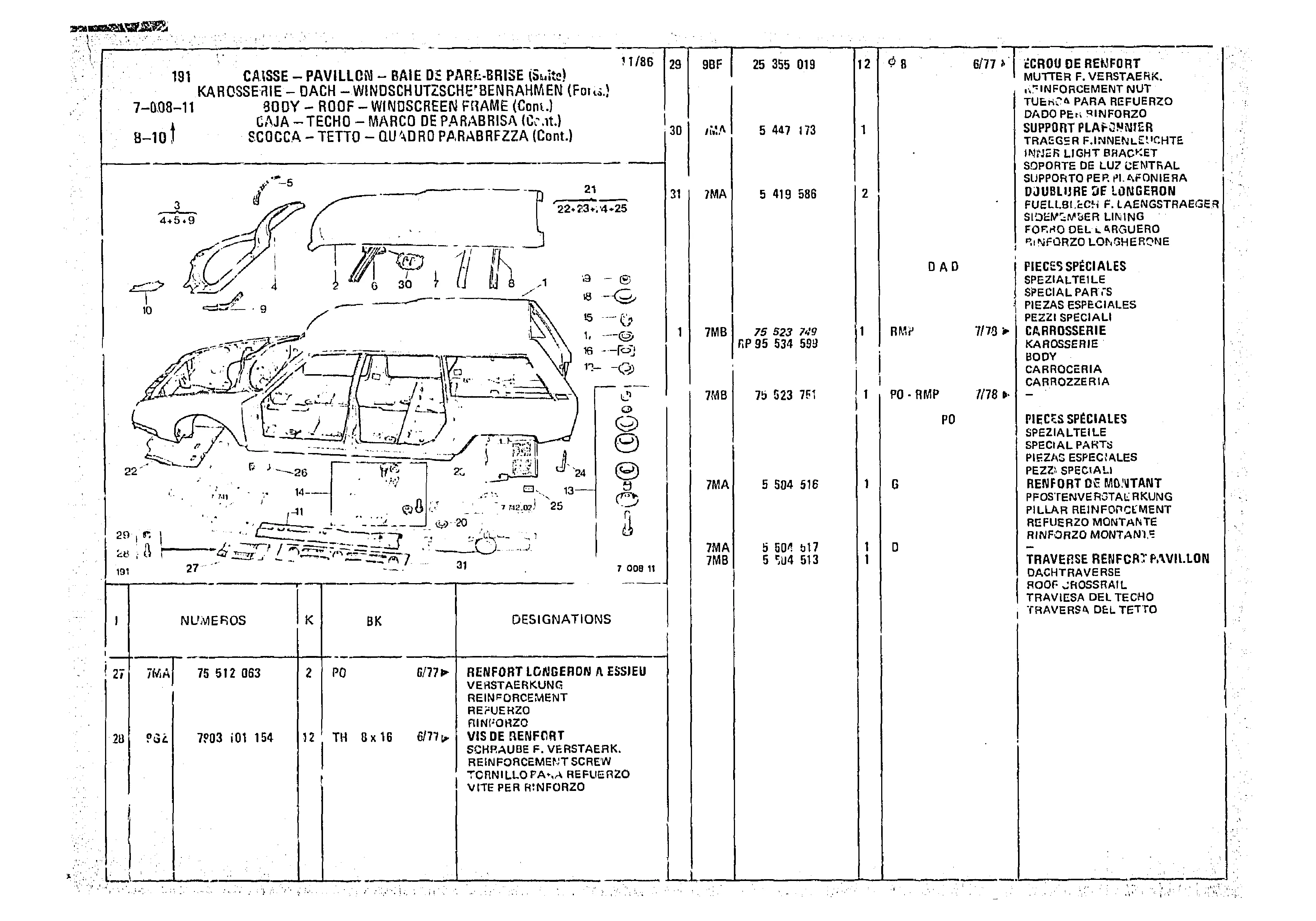 Body - Roof - Windscreen Frame, page 708 of 966 — CX Parts Catalogue — 1974–1979