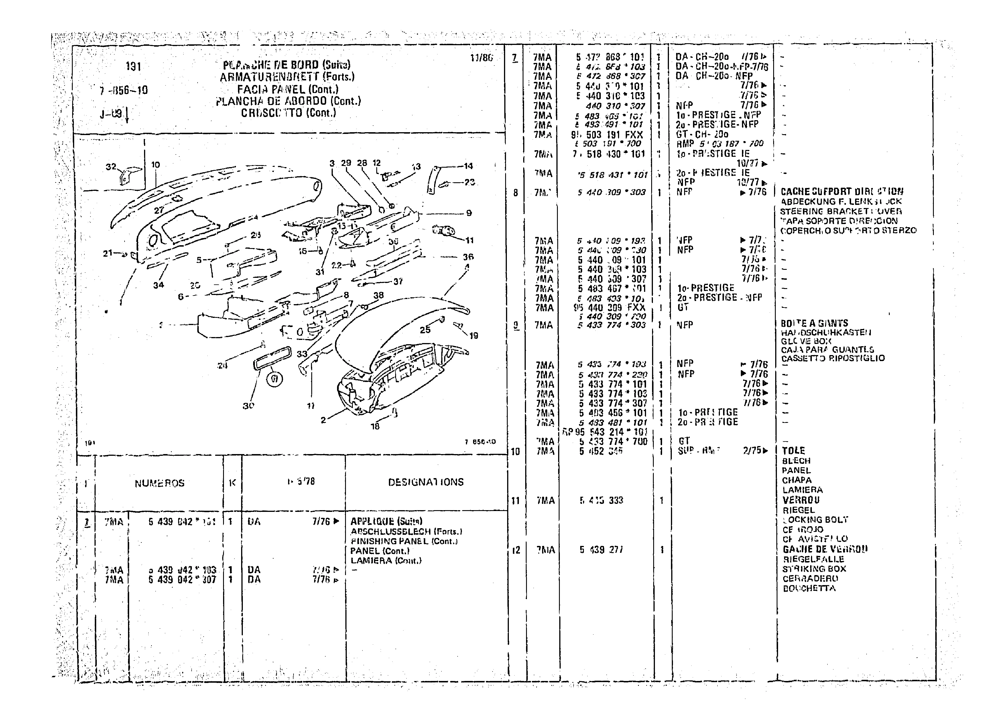 Facia Panel, page 810 of 966 — CX Parts Catalogue — 1974–1979