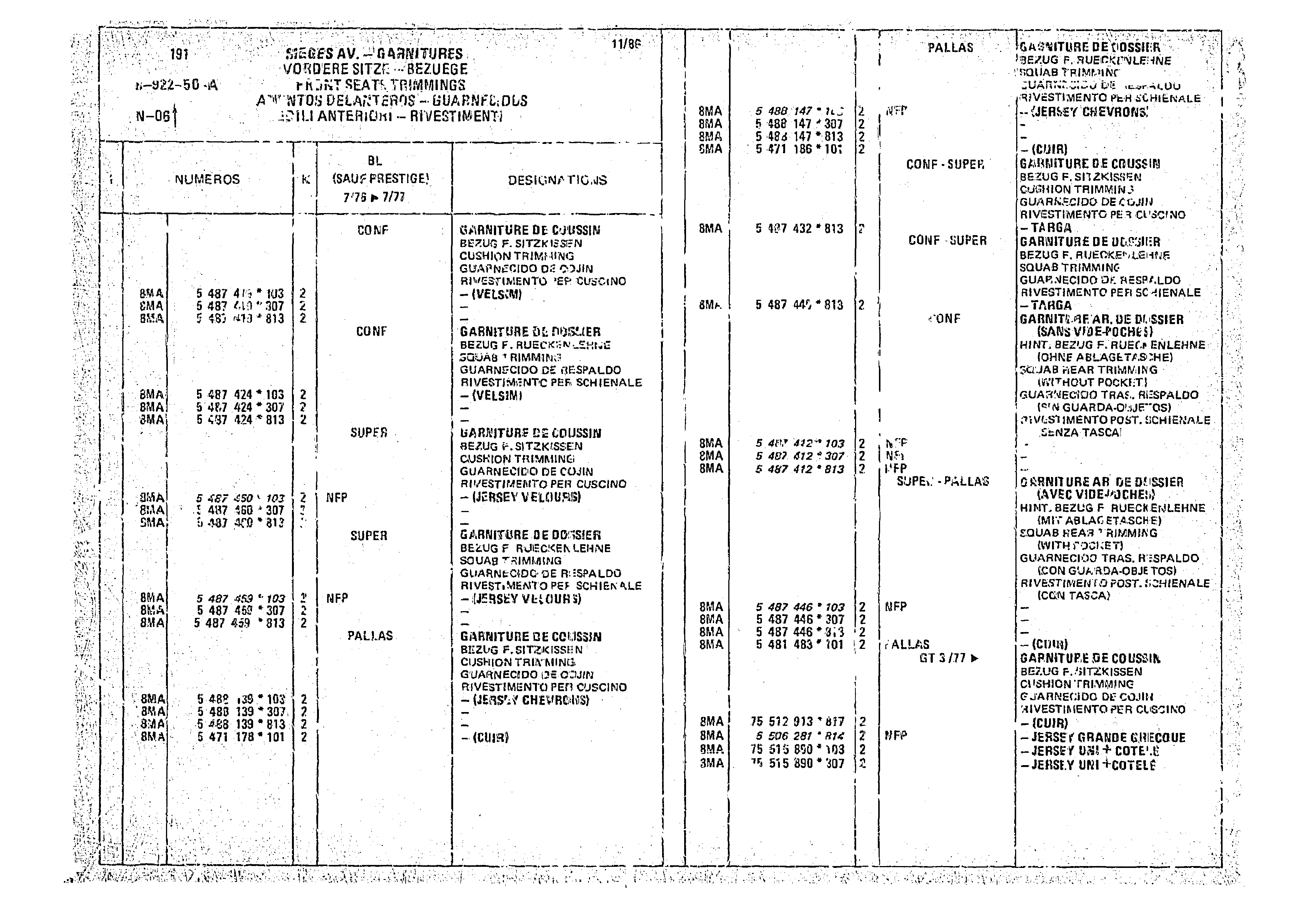 Front Seats Trimmings, page 842 of 966 — CX Parts Catalogue — 1974–1979
