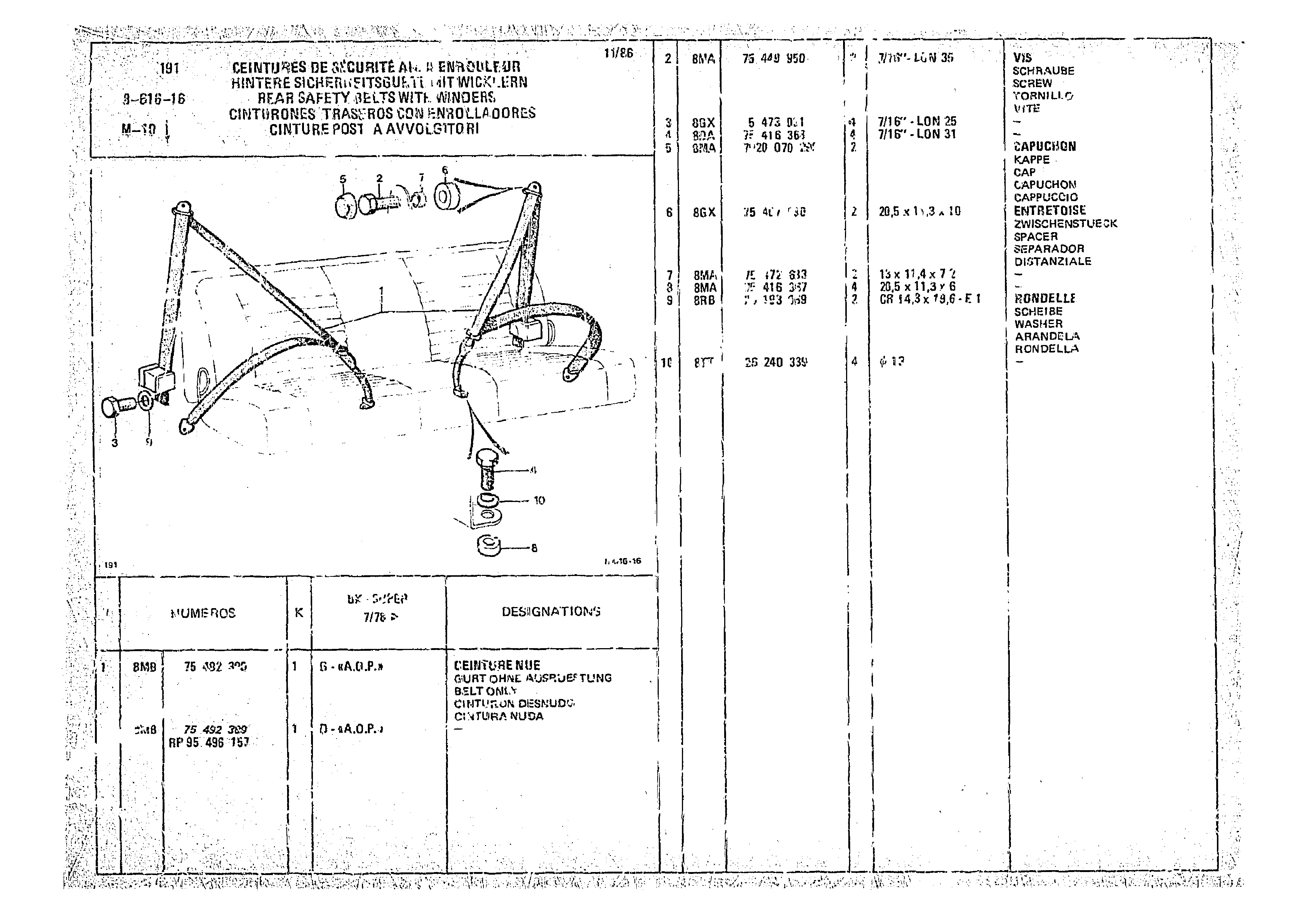 Rear Safety Belts With Winders, page 857 of 966 — CX Parts Catalogue — 1974–1979