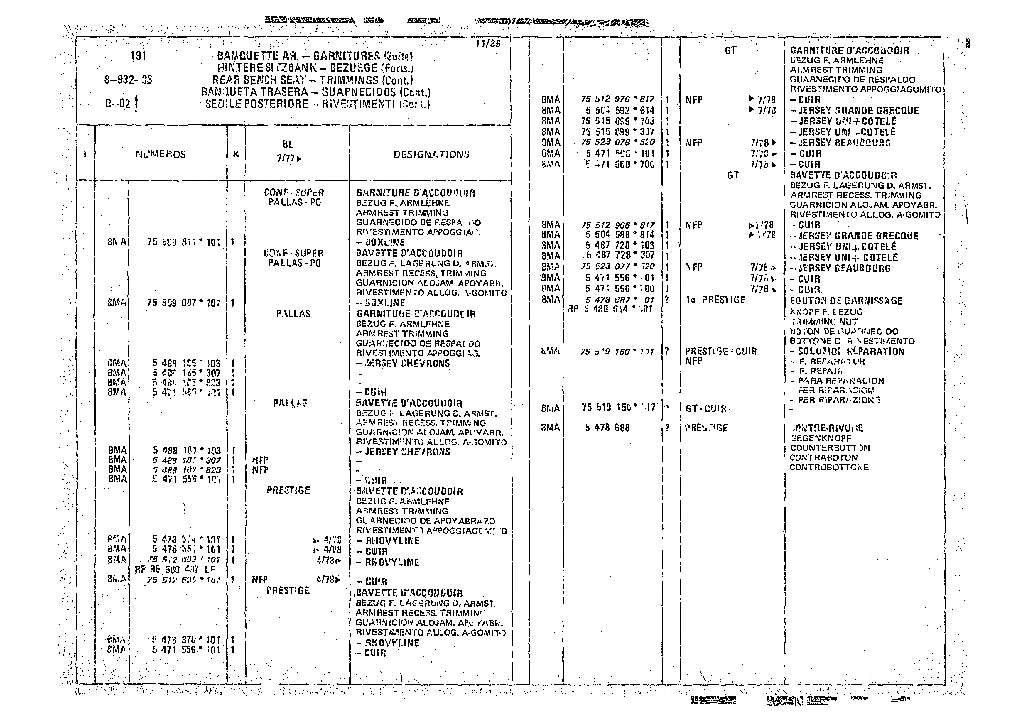 Rear Bench Seat - Trimmings, page 883 of 966 — CX Parts Catalogue — 1974–1979