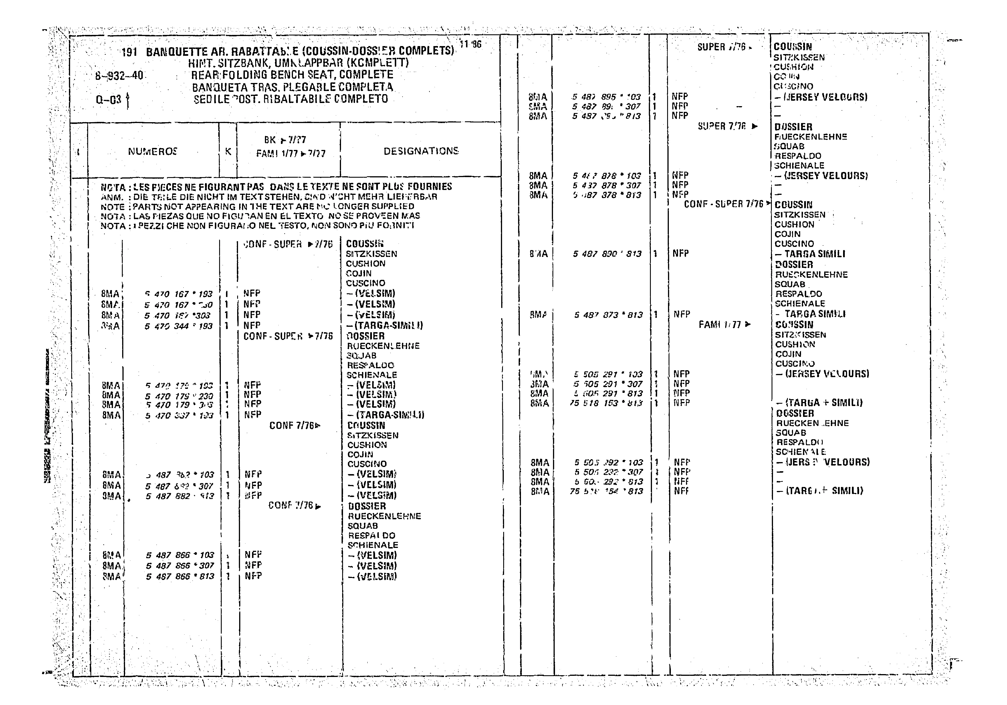 Rear Folding Bench Seat, Complete, page 884 of 966 — CX Parts Catalogue — 1974–1979