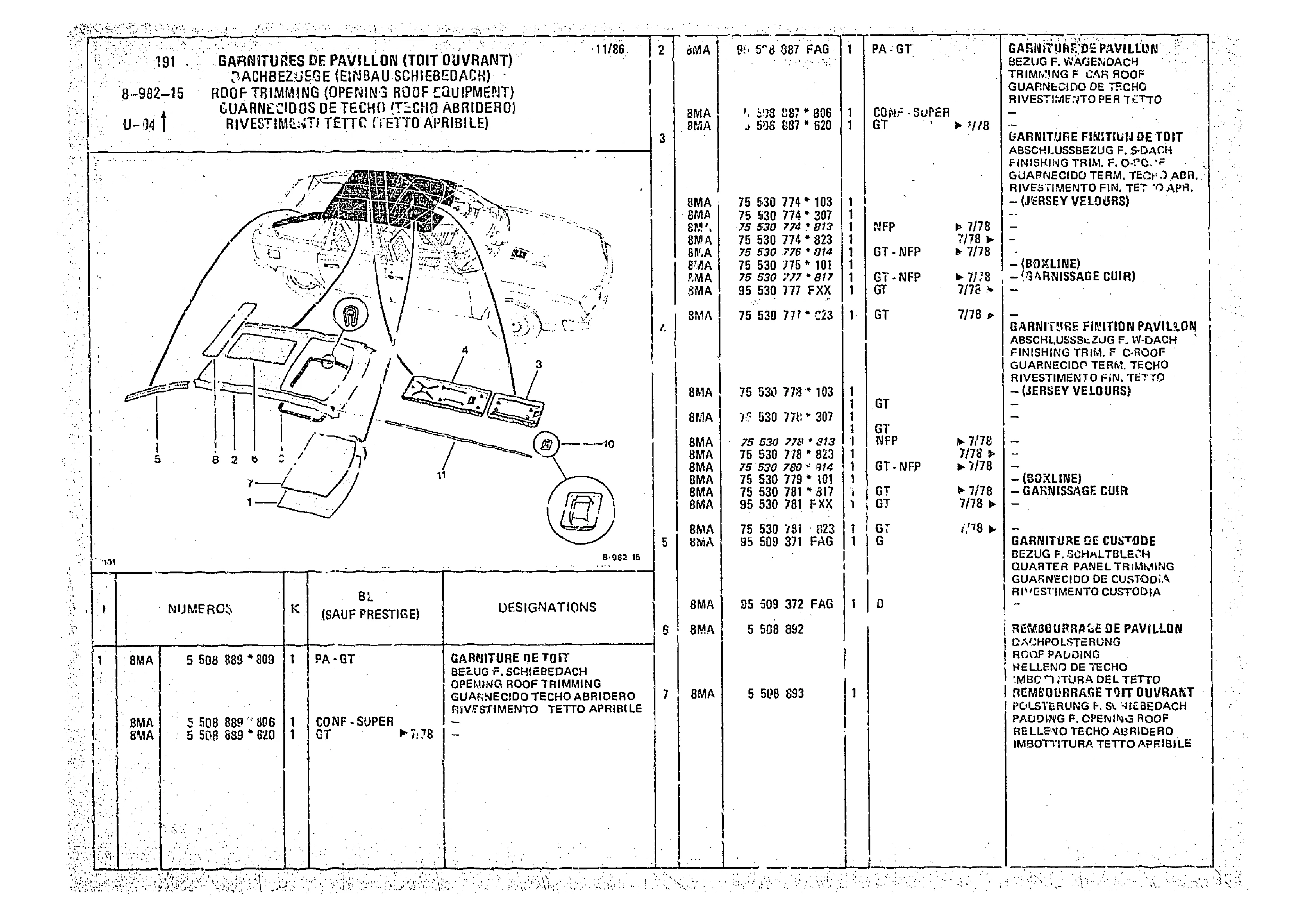 Roof Trimming (Opening Roof Equipment), page 945 of 966 — CX Parts Catalogue — 1974–1979