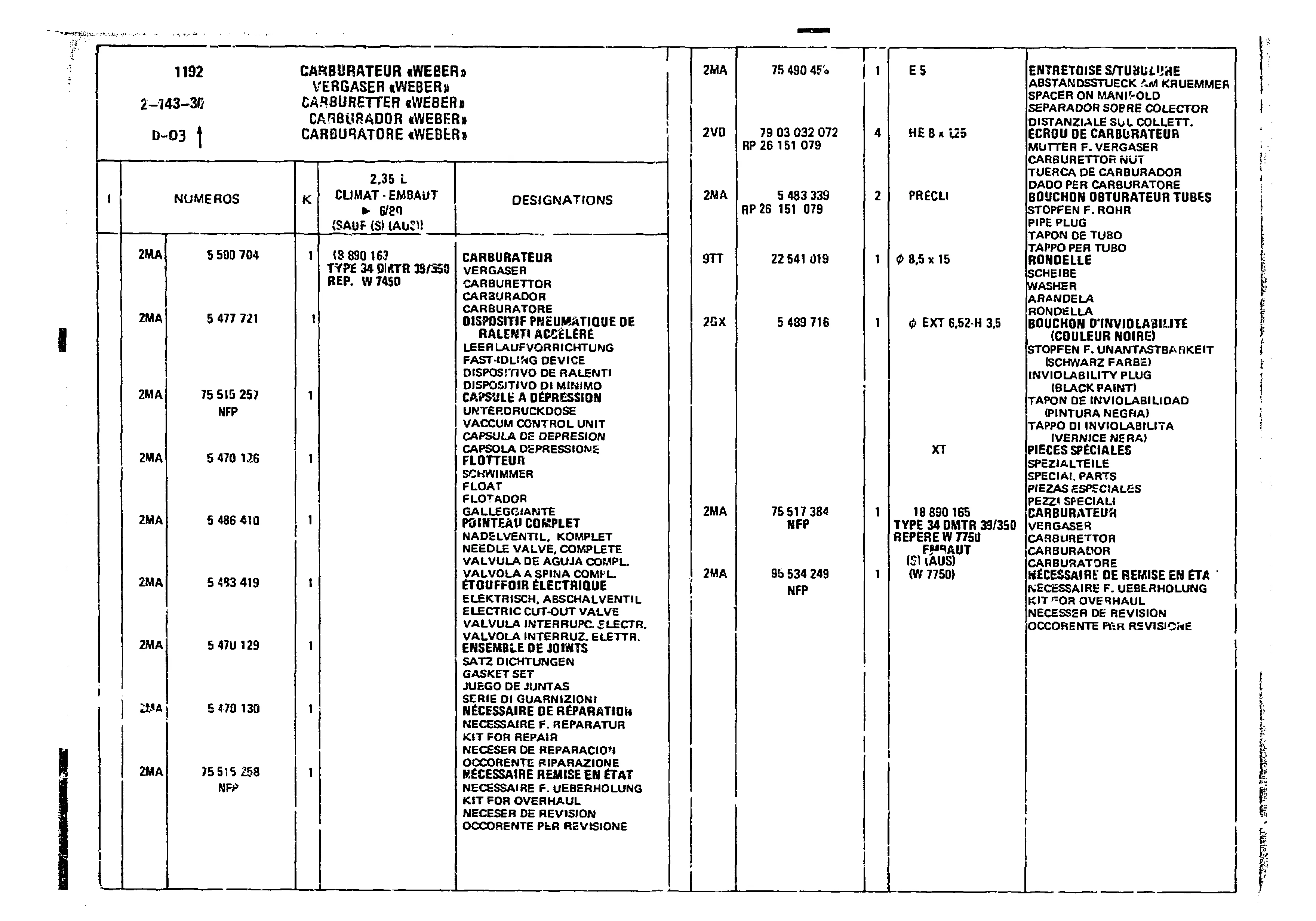 Carburettor, page 239 of 860 — CX Parts Catalogue — 1979–1981