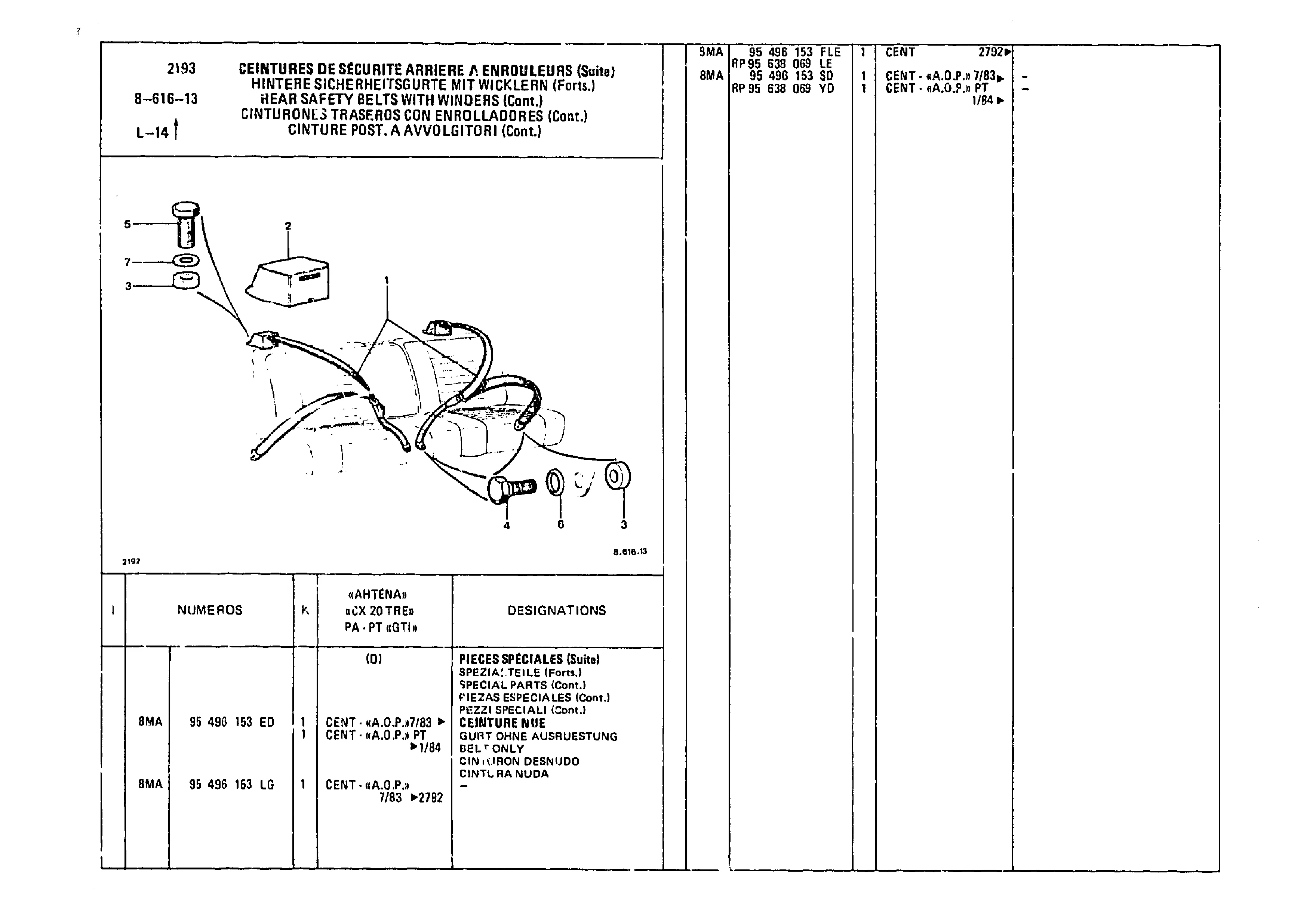 Rear Safety Belts, page 881 of 985 — CX Parts Catalogue — 1981–1985