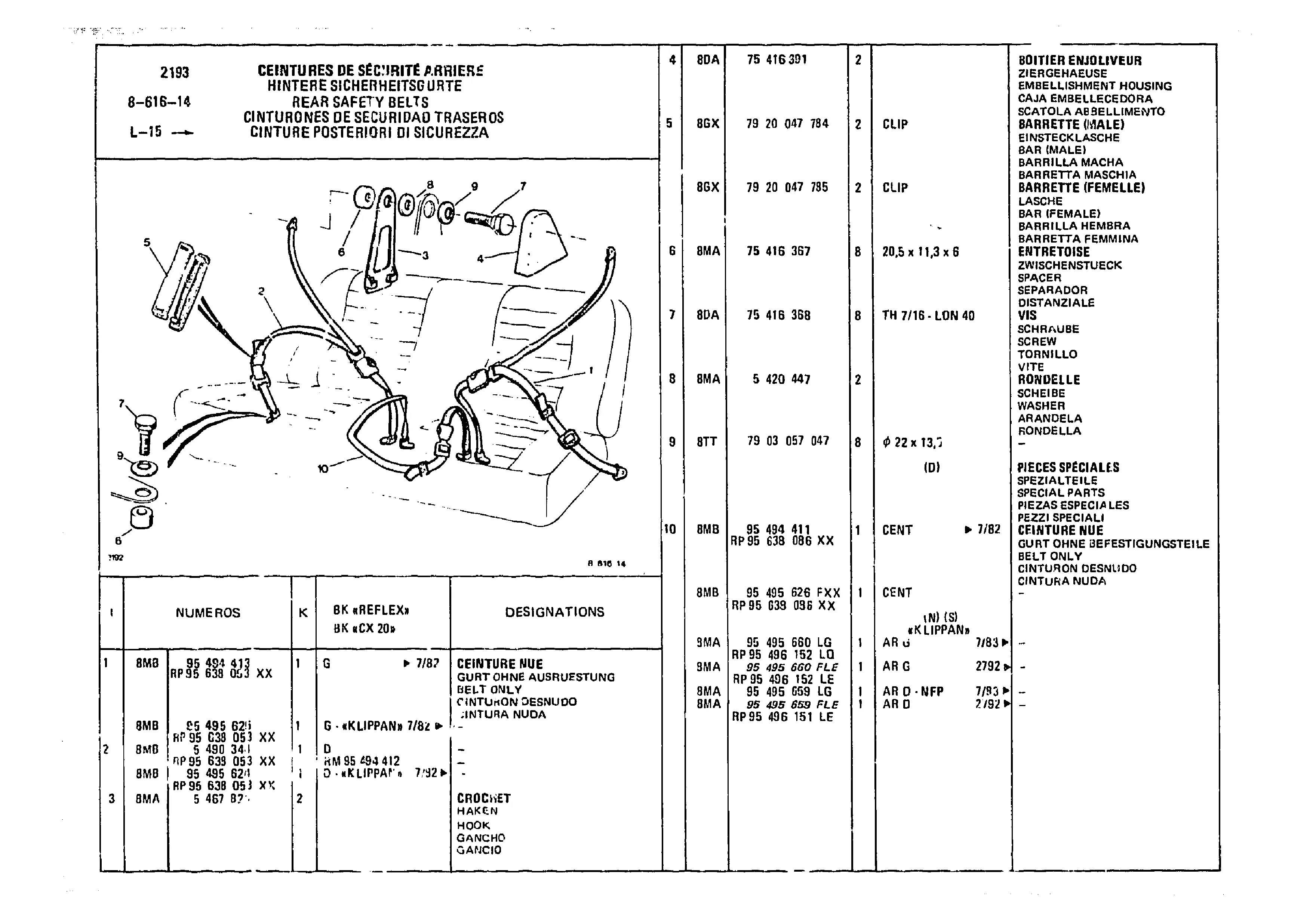 Rear Safety Belts, page 882 of 985 — CX Parts Catalogue — 1981–1985