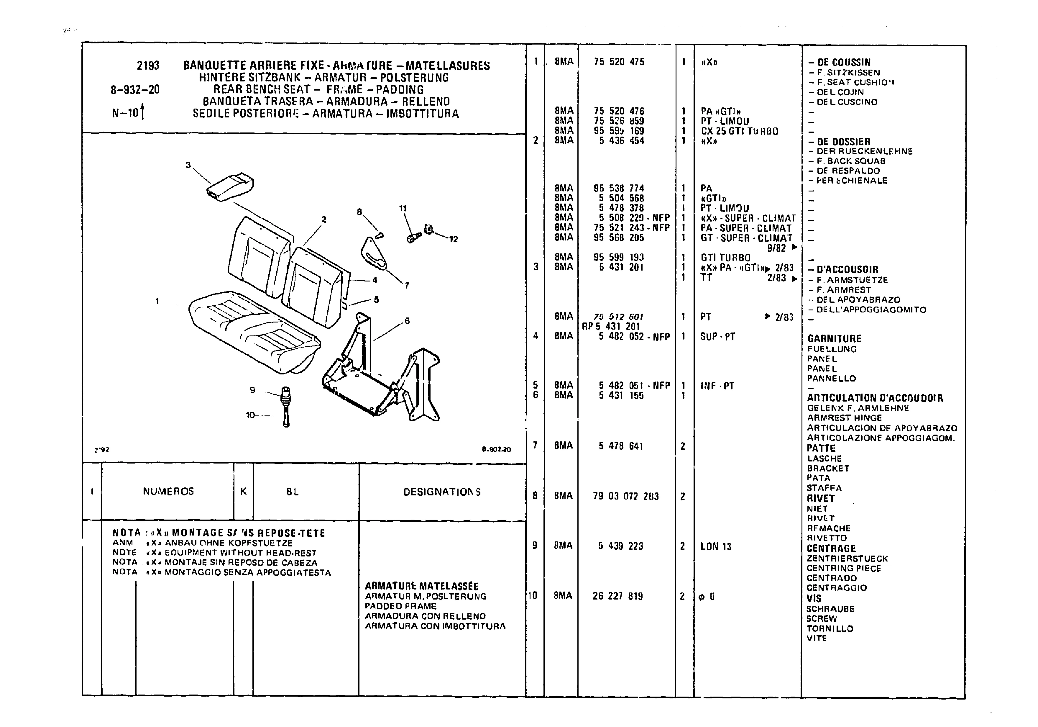 Rear Bench Seat - Frame - Padding, page 907 of 985 — CX Parts Catalogue — 1981–1985