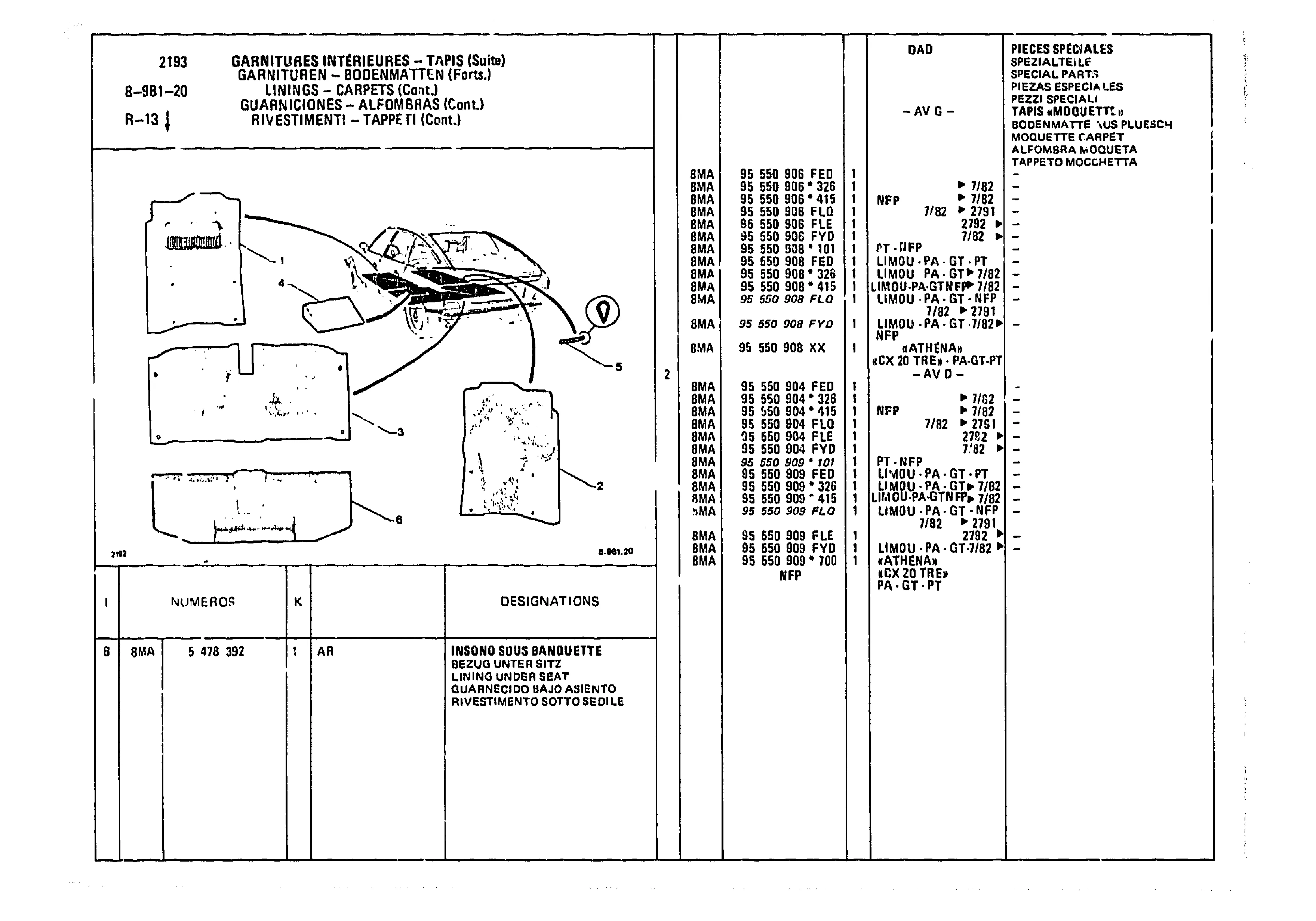 Linings - Carpets, page 945 of 985 — CX Parts Catalogue — 1981–1985