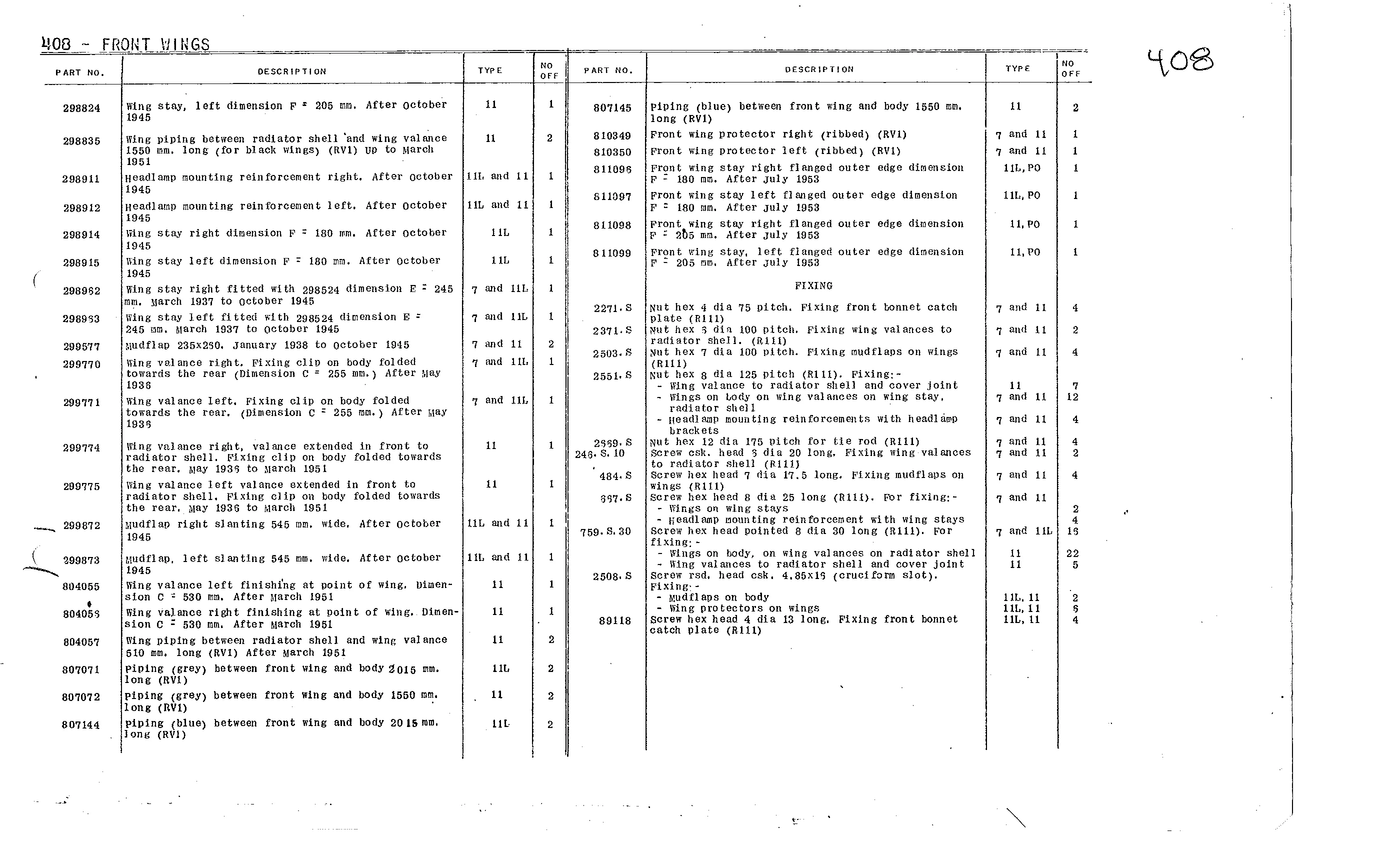 Front wings, page 194 of 226 — Front Wheel Drive 7 & 11 Parts Catalogue