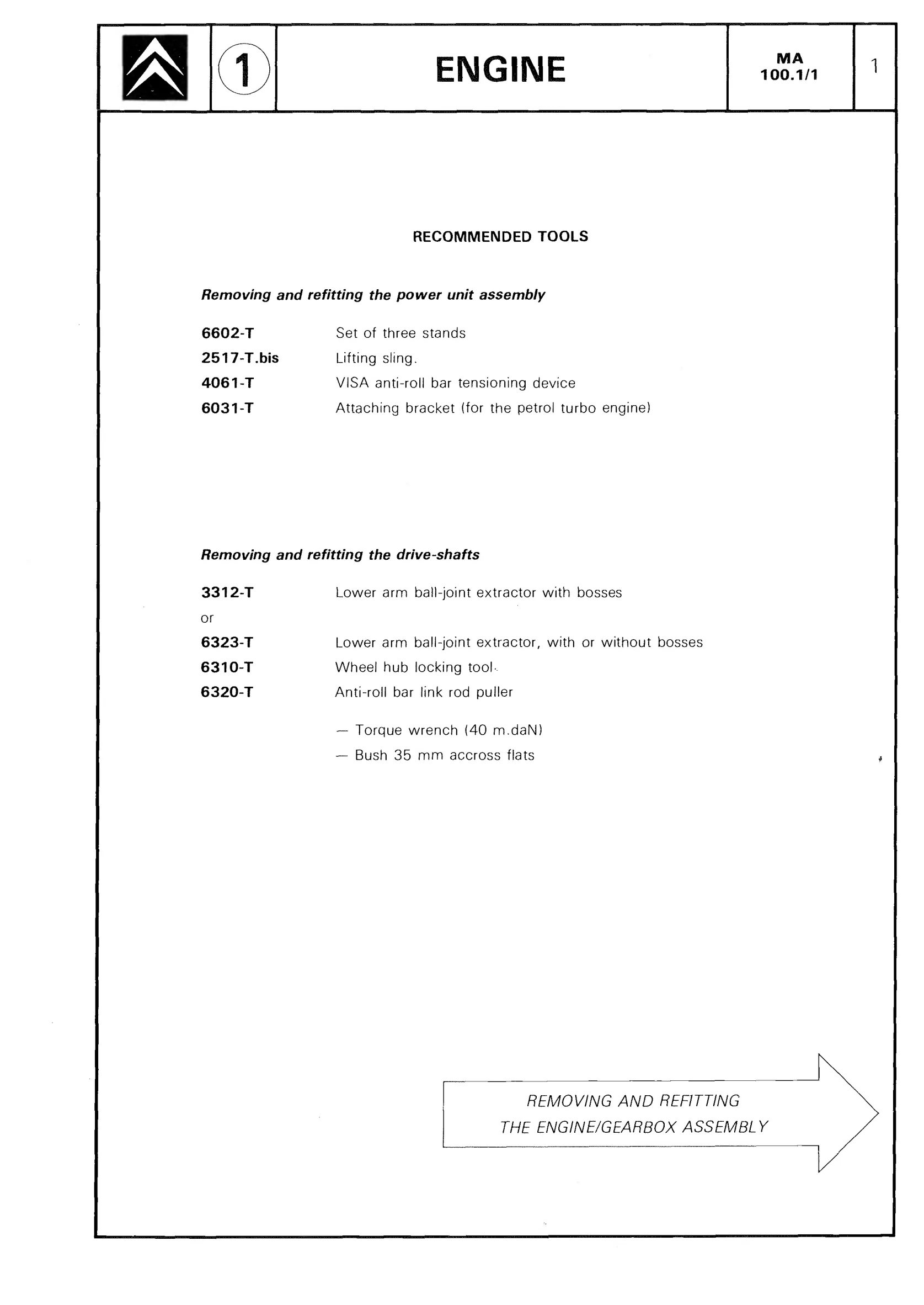 Remove/refit engine/g'box / Recommended tools, page 90 of 611 — CX Repair Manual — Mechanical Components 1