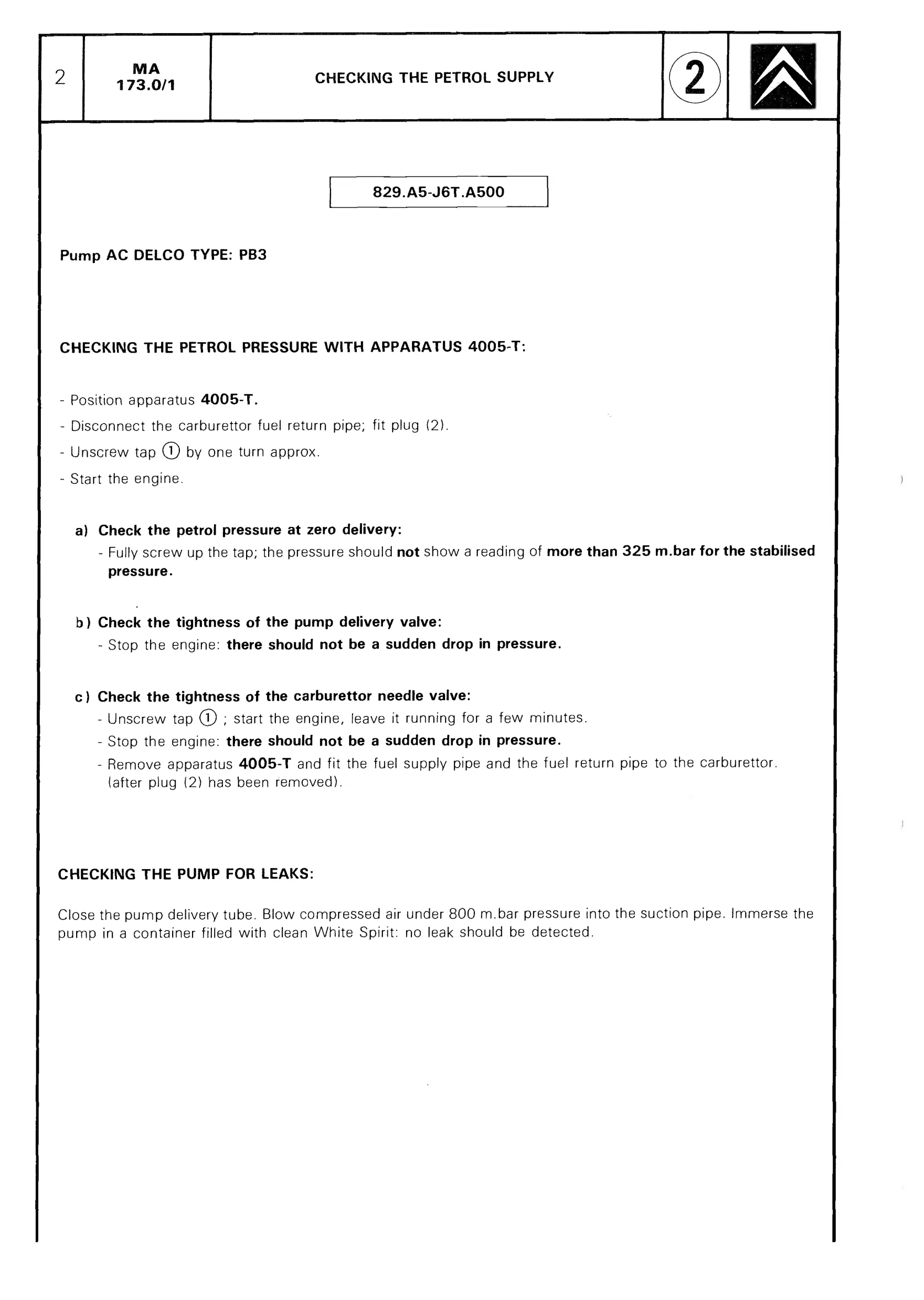 Checking the petrol supply, page 224 of 611 — CX Repair Manual — Mechanical Components 1