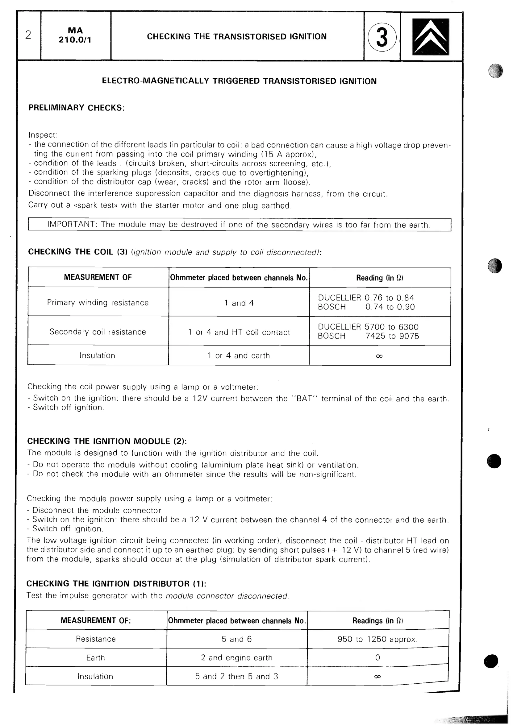 Checking transistor ignition, page 255 of 611 — CX Repair Manual — Mechanical Components 1