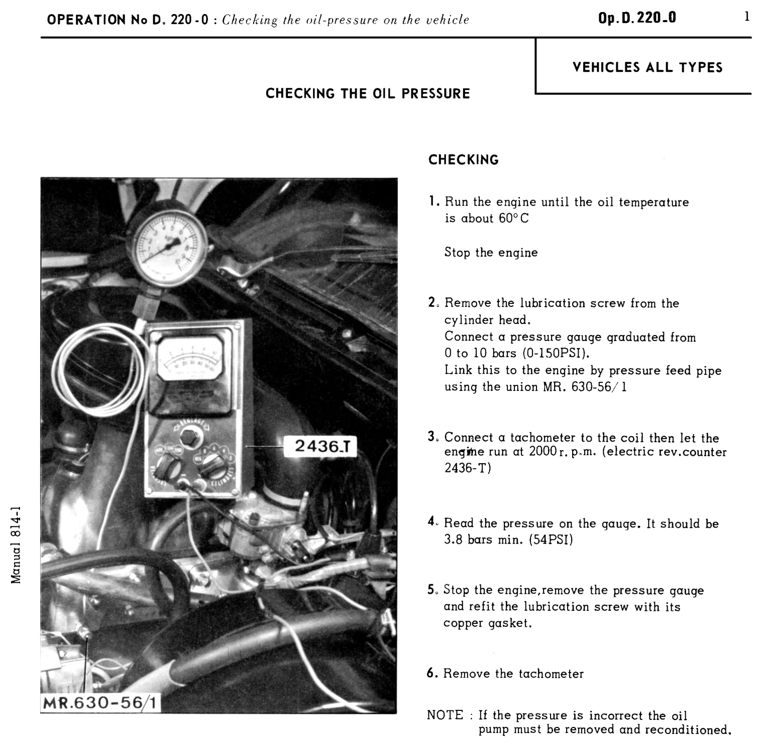 Check oil pressure, page 141 of 454 — 814 Repair Manual — Volume I
