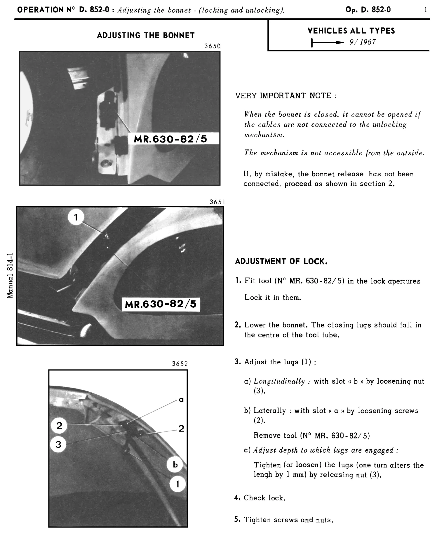 Adjusting bonnet lock, page 441 of 454 — 814 Repair Manual — Volume I
