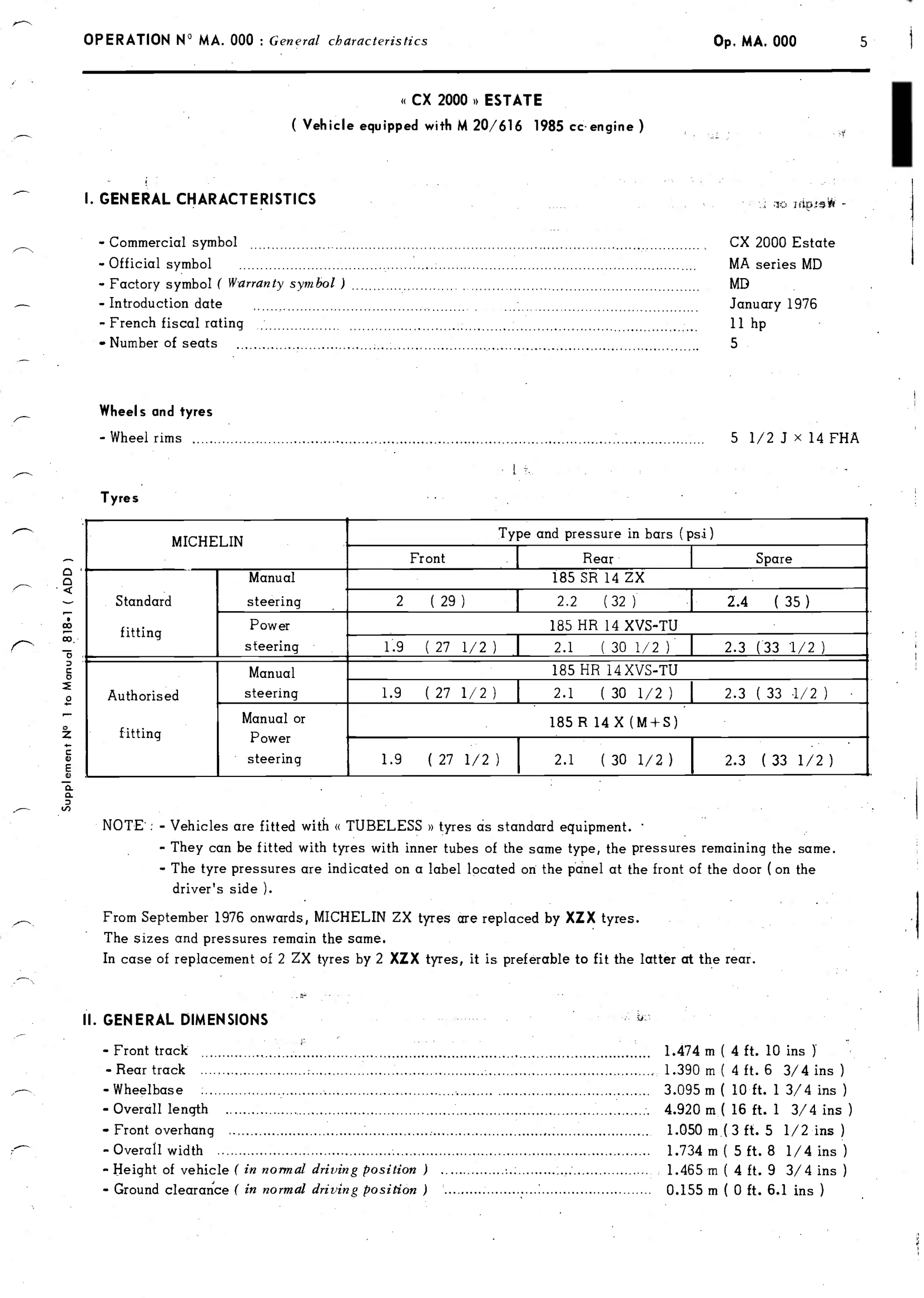 CX2000 estate, page 11 of 389 — CX Repair Manual — Characteristics, Adjustments, Checks