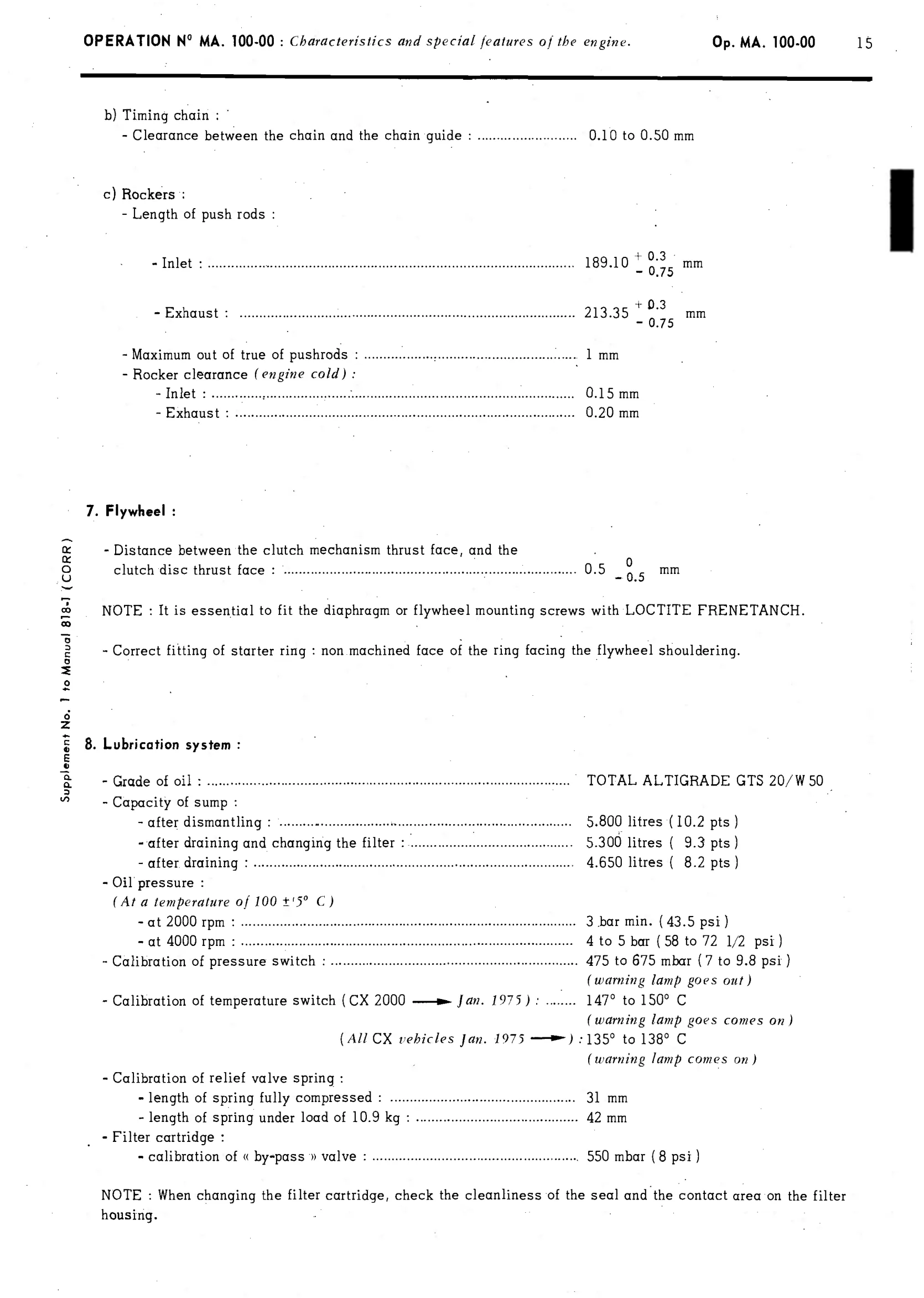 Timing chain, valve gear / Flywheel, lubrication, page 66 of 389 — CX Repair Manual — Characteristics, Adjustments, Checks