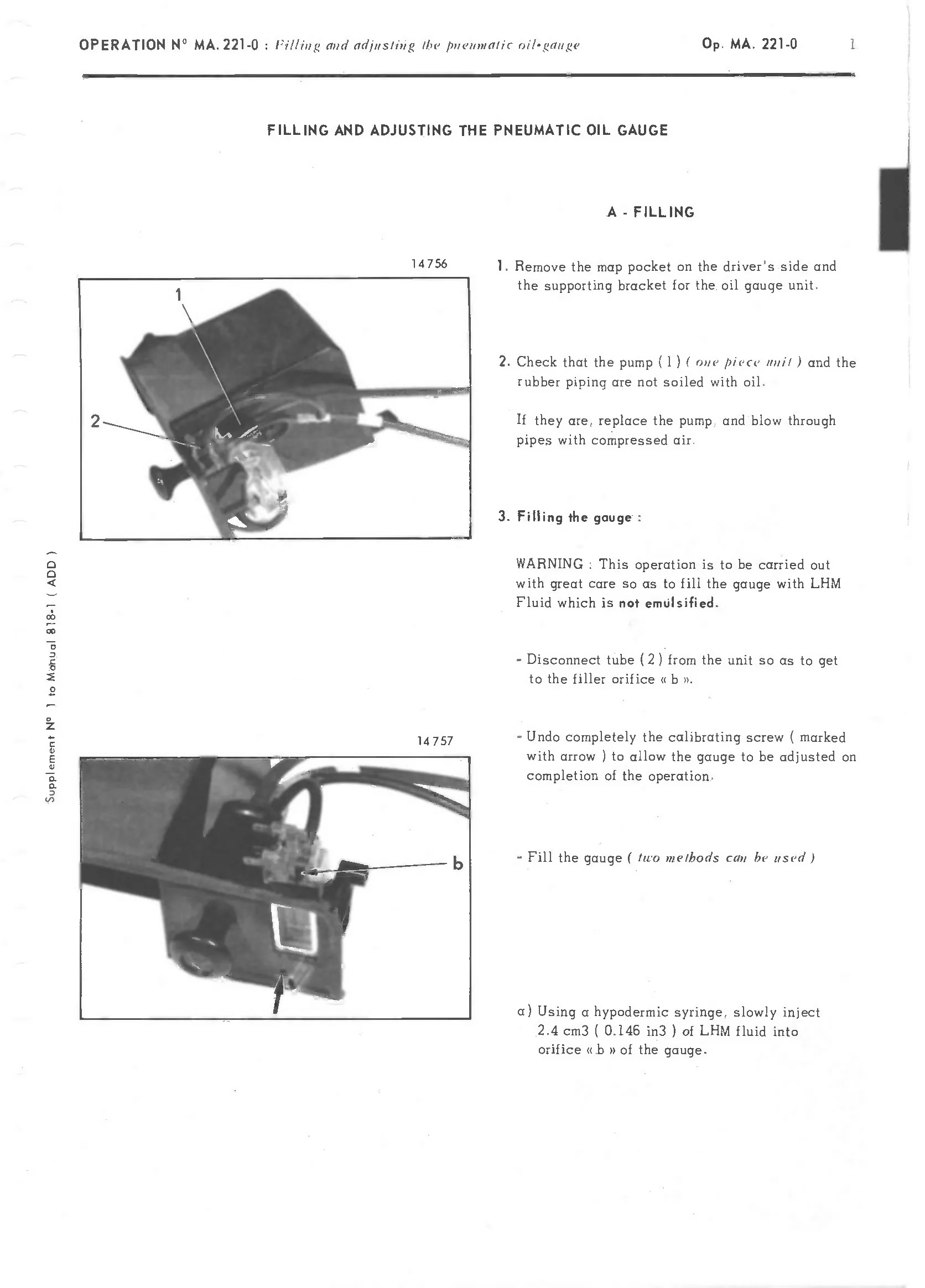 Fill, adjust pneumatic oil gauge, page 166 of 389 — CX Repair Manual — Characteristics, Adjustments, Checks