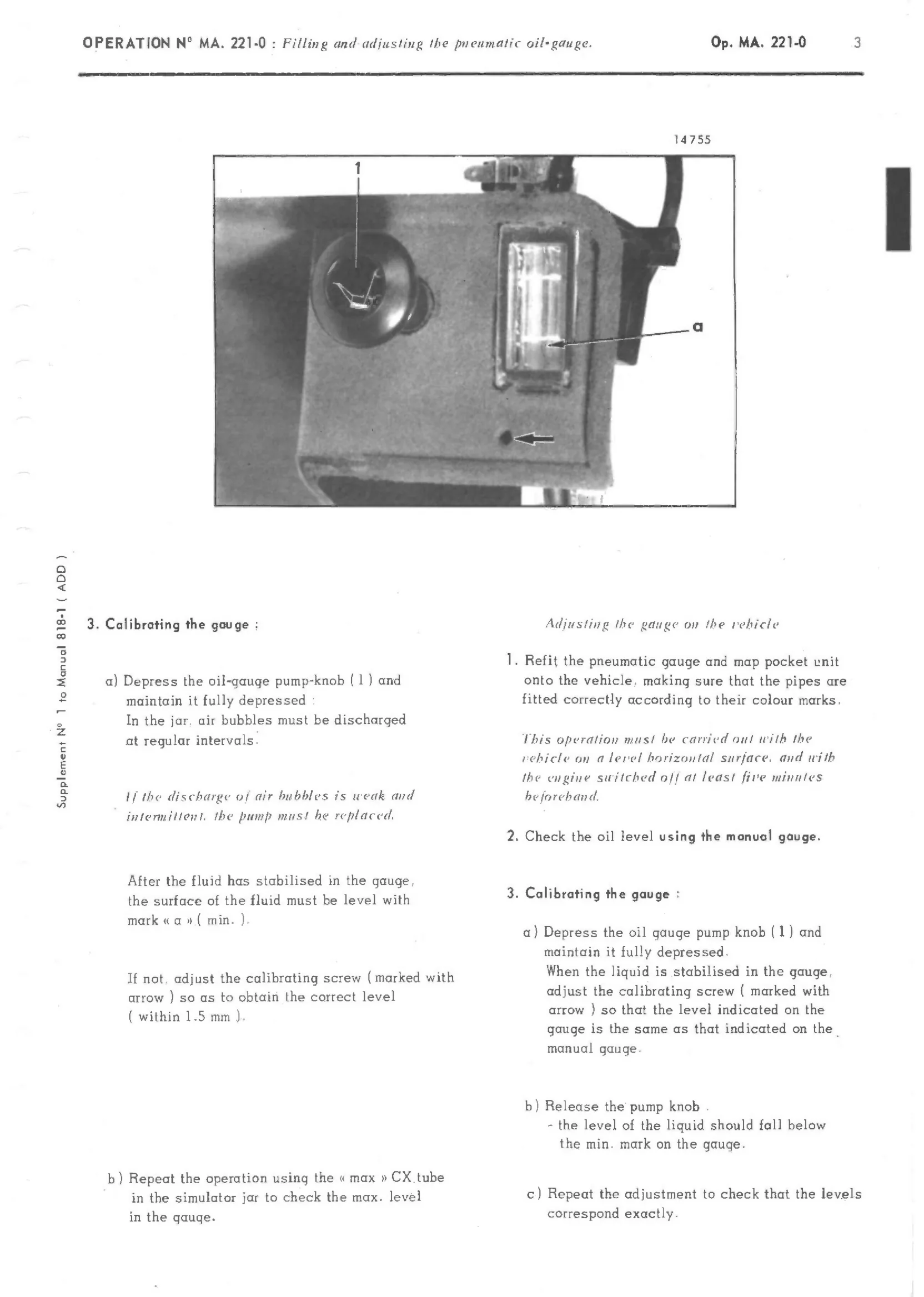 Fill, adjust pneumatic oil gauge, page 168 of 389 — CX Repair Manual — Characteristics, Adjustments, Checks
