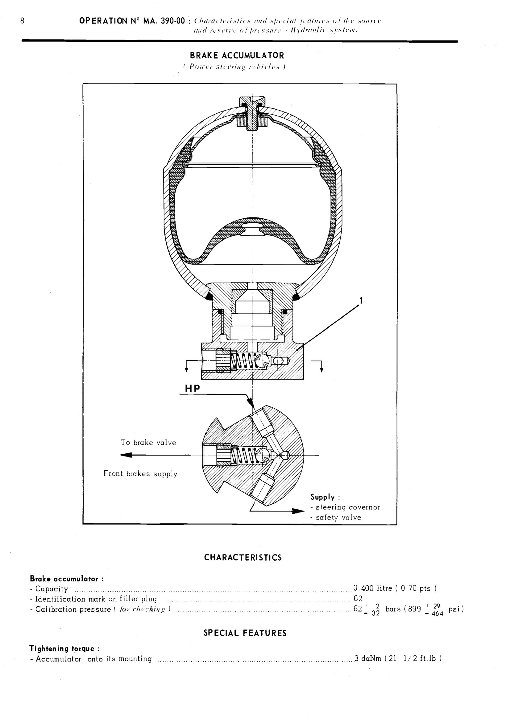 Brake accumulator, page 216 of 389 — CX Repair Manual — Characteristics, Adjustments, Checks