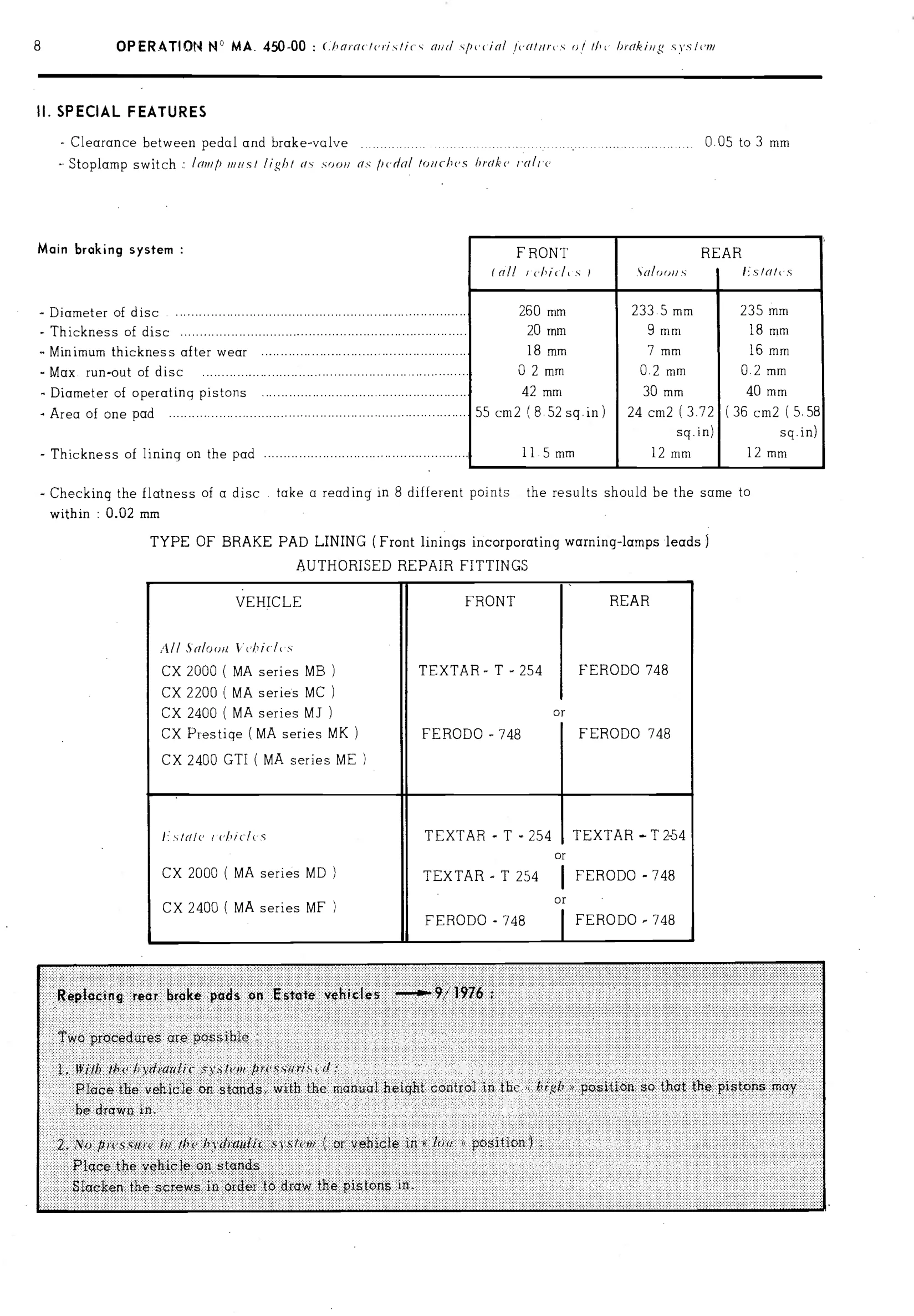 Brakes, page 280 of 389 — CX Repair Manual — Characteristics, Adjustments, Checks
