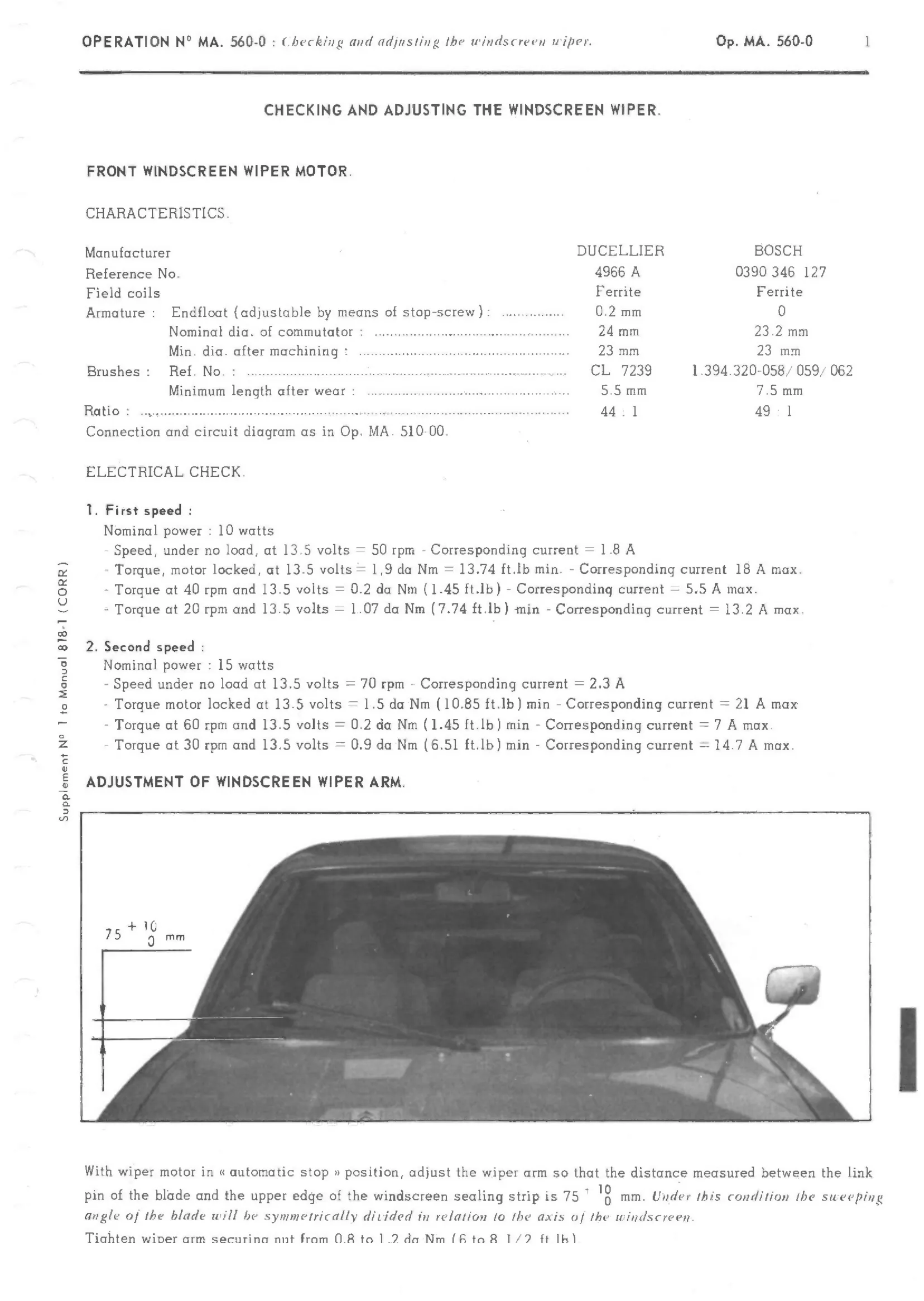 Adjusting wipers, page 354 of 389 — CX Repair Manual — Characteristics, Adjustments, Checks