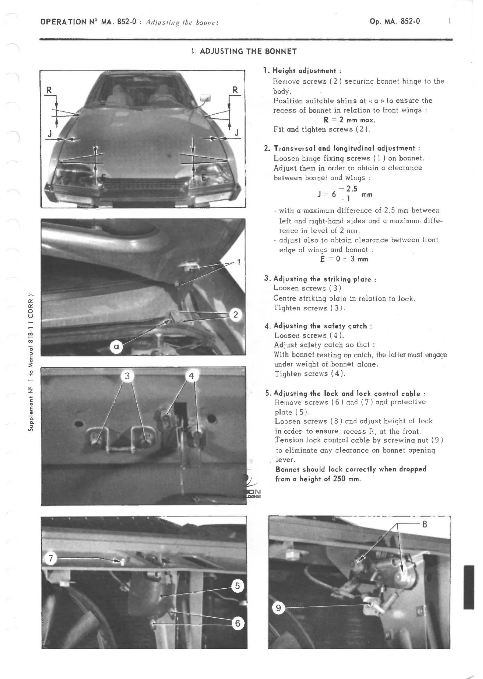 Bonnet, page 382 of 389 — CX Repair Manual — Characteristics, Adjustments, Checks
