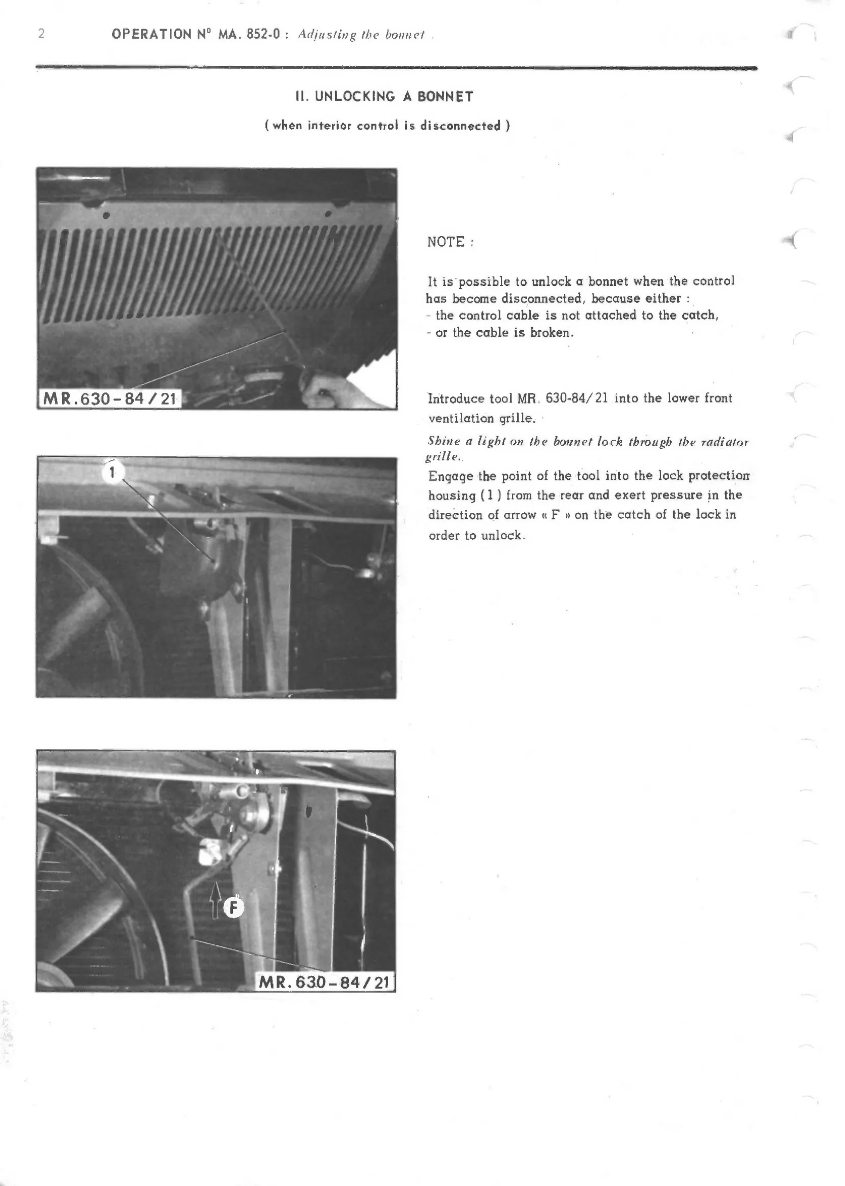 Unlock bonnet, page 383 of 389 — CX Repair Manual — Characteristics, Adjustments, Checks