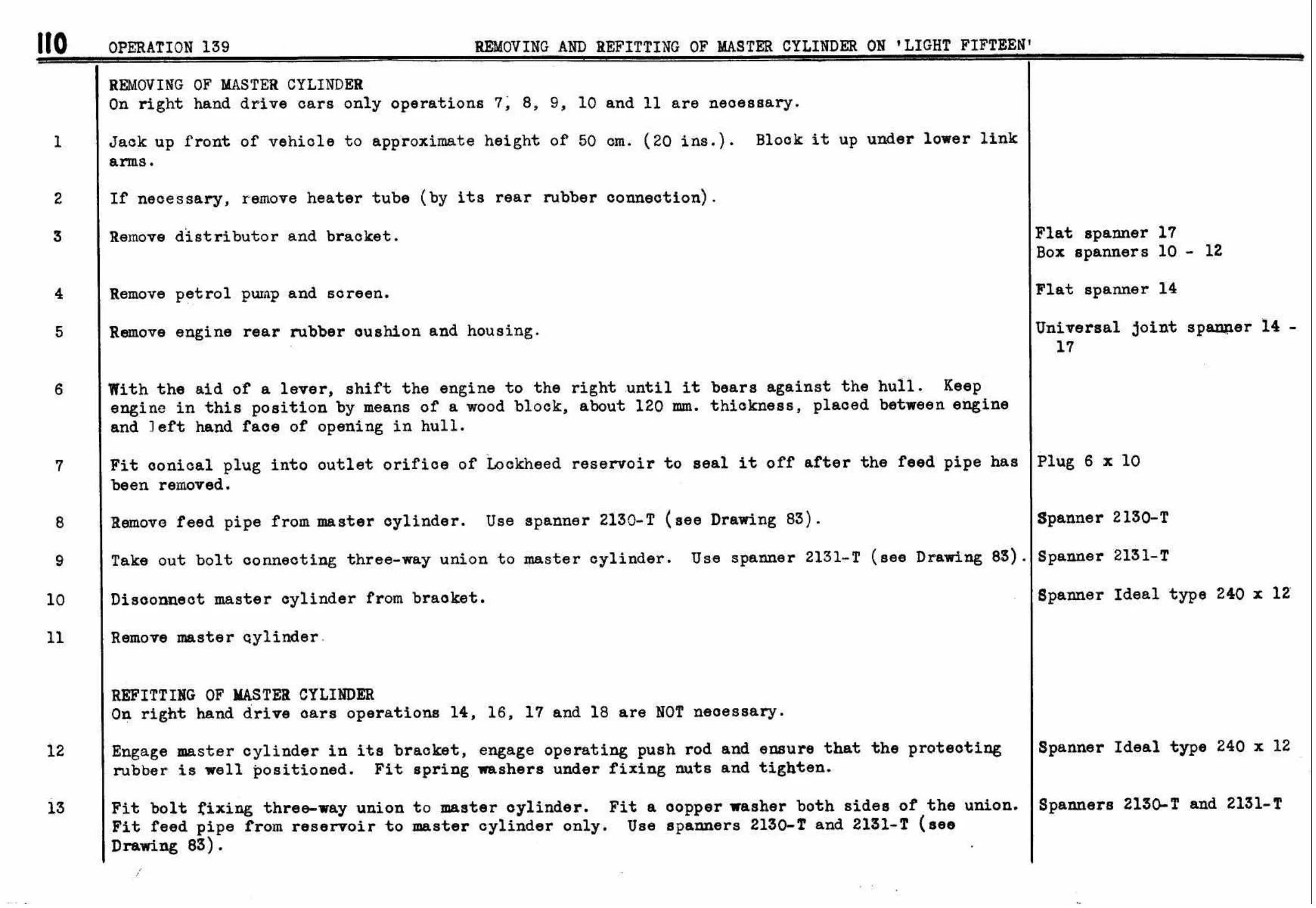 Removing – Master Cylinder (Light 15), page 113 of 260 — Twelve & Fifteen Repair Manual — Text