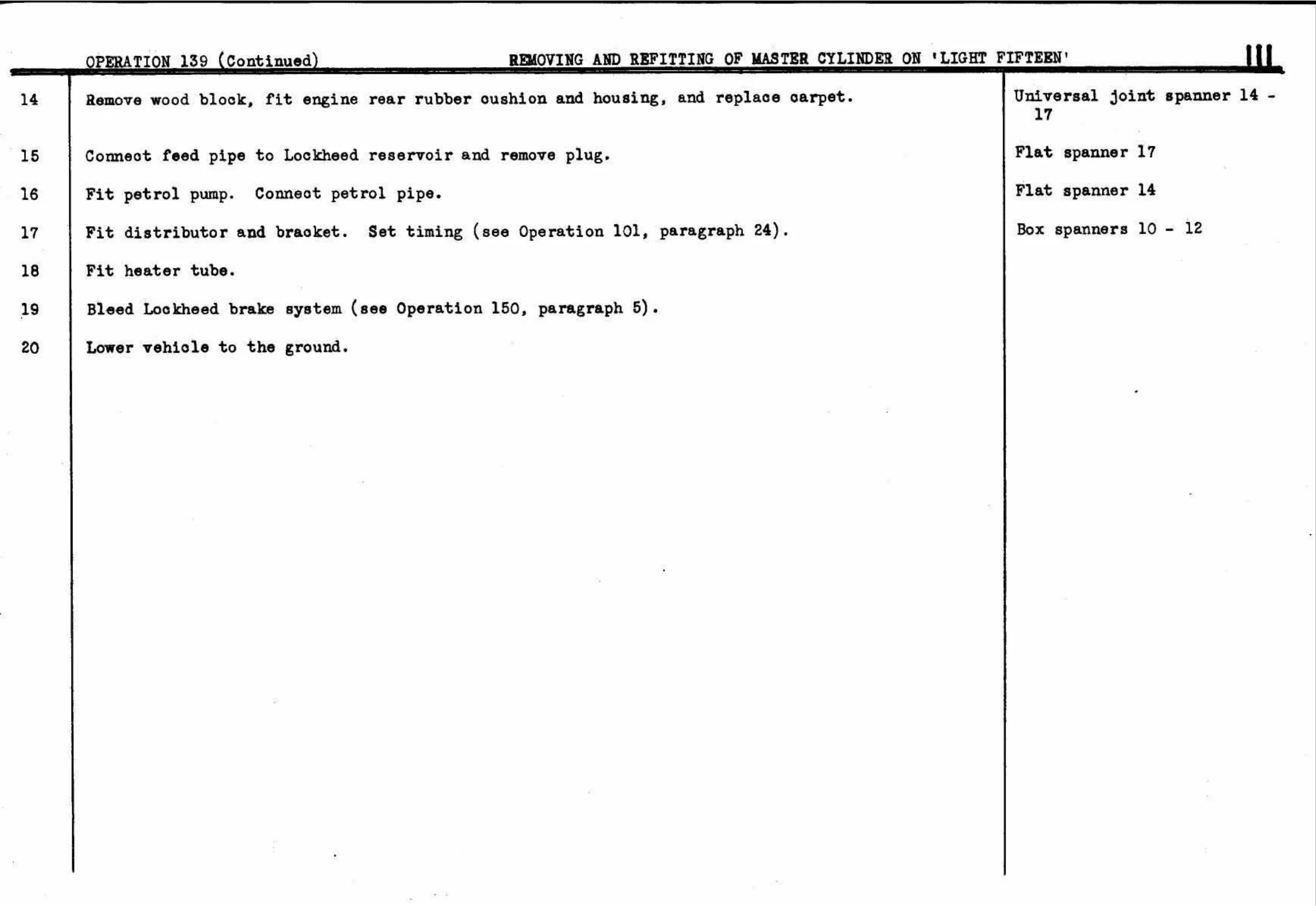 Removing – Master Cylinder (Light 15), page 114 of 260 — Twelve & Fifteen Repair Manual — Text
